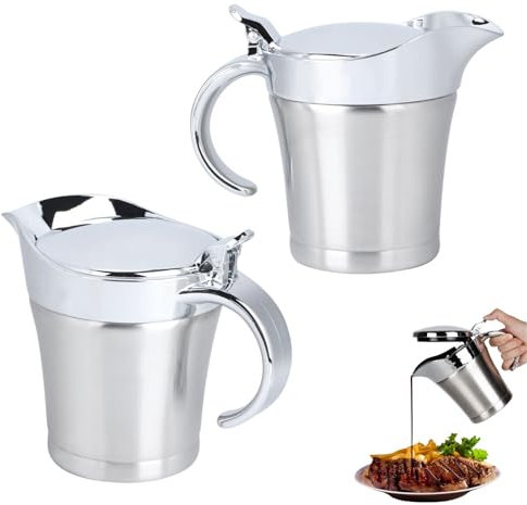 2PCS Gravy Boat, 16 OZ/450 ML Stainless Steel Double Insulated Sauce Jug Creamer Pitcher with Hinged Lid for Gravy or Cream