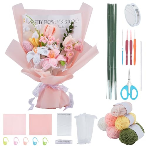 INFUNLY 12pcs/Set Crochet Flower Bouquet Kit Handmade Crochet Sunflower Kit Artificial Knitted Bouquets Bell Orchid DIY Making Kit with Yarn Hook Instructions for Wedding Graduation Birthday Gift Home
