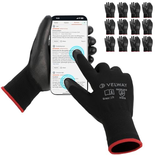 Velway Arbeitshandschuhe 12 Paar Touchscreen Handschuhe mit Grip - Rutschfeste PU-Beschichtete für Herren Damen Mechaniker Leichte Gartenhandschuhe Montagehandschuhe - Schwarz Größe 7/S