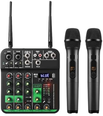 4 Channel Audio Mixer With 2 Wireless Microphone Soundcard USB Delay Repaeat Effect Sound Mixing Console PC Recording
