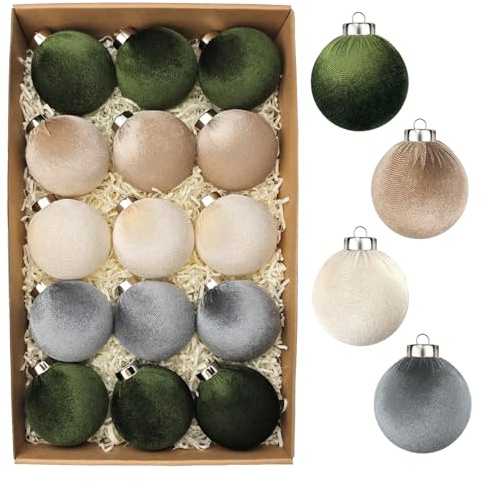 3.15 Inch Velvet Ball Ornaments for Christmas Tree 15 PCS, Large Neutral Flocked Christmas Bulb Ornaments Set - Earth Tone Decorative Hanging Baubles, Shatterproof Xmas Decor for Holiday (Multicolor)
