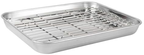 ABOOFAN Plat A Rotir avec Grille 2 Pièces en Acier Inoxydable | Plateau Inox la Cuisine Argenté, Plateau à Four avec Grille, Plaque Grille Refroidissement