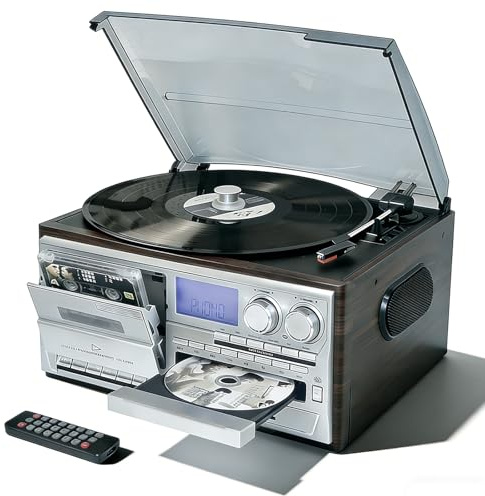 Vinyl Record Player Bluetooth Turntable with Built-in Speakers, 3 Speed Turntable Audio System, CD & Cassette Player, Dust Cover, Ideal for Home Entertainment, for Entertainment/Office/Bedroom