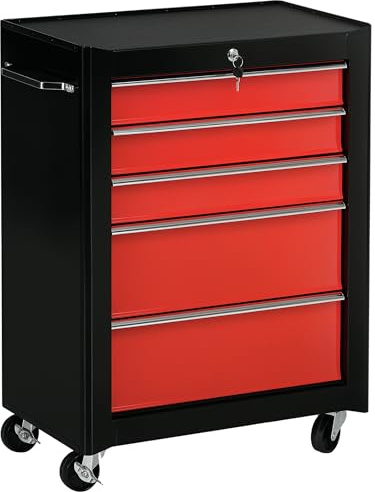 HOMCOM Servante d'atelier en acier à 5 tiroirs, chariot à outils sur roulettes, verrouillable 2 clés, tapis EVA antidérapant, caisse à outils pour atelier, garage, rouge et noir