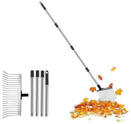 Rechen Garten Mit Stiel 160cm 4 Teilig - Laubrechen Metall 21 Zinken 40cm Breit - Rasenrechen Höhenverstellbar - Gartenrechen Stabil Für Laub Gras Erde - Rasenharke Laubsammler Nivellierrechen