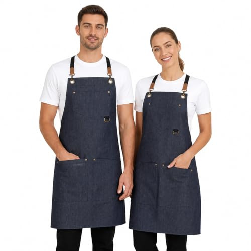PALLTEX MAREA kockförkläde män och kvinnor – robust frontförkläde med 3 fickor, pennfack och justerbara korsremmar | Hållbar och bekväm för kök, gastronomi och vardag, Denim – 2, S/M