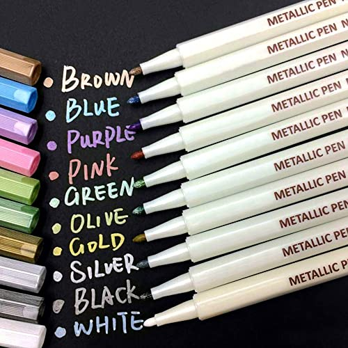 APOGO Metallic Stifte Feine 1mm, 10 Farben Metallischen Marker für Fotoalbum zum Selbstgestalten, Gästebuch Hochzeit, Schwarze Seiten, Scrapbook Zubehör, Weihnachten Halloween Deko Stifte