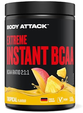 Body Attack Extreme Instant BCAA - 500 g - Tropical - Made in Germany - Gut lösliches, veganes BCAA Pulver im Verhältnis 2:1:1 - Zuckerfreie Aminosäuren für intensives Training - Mit L-Leucin