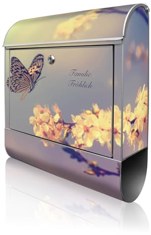 banjado Design Briefkasten personalisiert 38,5x46,5x13cm & 2 Schlüssel - Briefkasten Stahl Silber Zeitungsfach pulverbeschichtet - Postkasten A4 Einwurf inkl. Montagematerial - Motiv Tag Im Mai