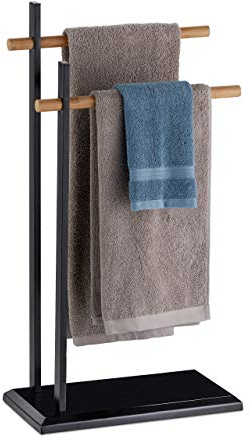 Relaxdays Handtuchhalter zweiarmig, Bambus Handtuchstangen, Handtuchständer, Metall, HBT 85,5x45x22,5 cm, schwarz/natur