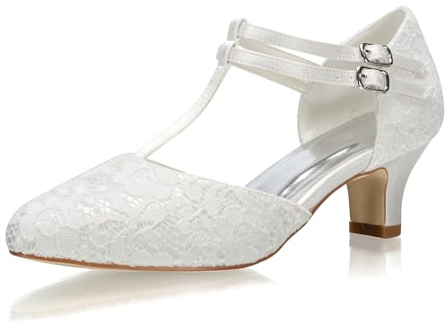 JIAJIA 00968 De Las Mujeres Zapatos de Novia Dedo del pie Cerrado Correa en T Bloquear Tacón bajo Encaje Satinado Zapatillas Zapatos de Boda Color Marfil,Tamaño 40