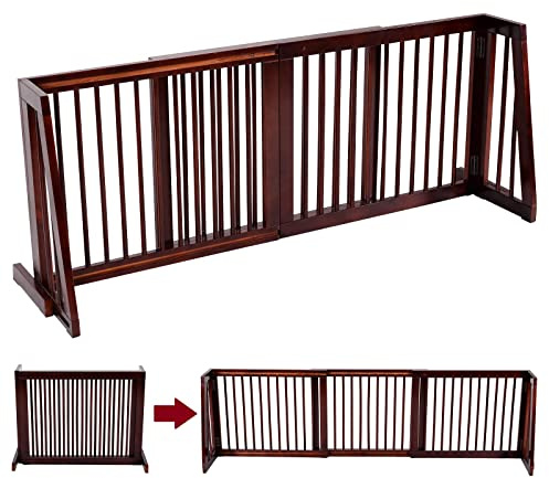 COSTWAY Cancelletto per Cani Regolabile in Legno Massello, con Base Larga e 3 Ante, Ideale per Cani di Piccola/Media Taglia (140-203) x 9,5 x 56 cm, Marrone