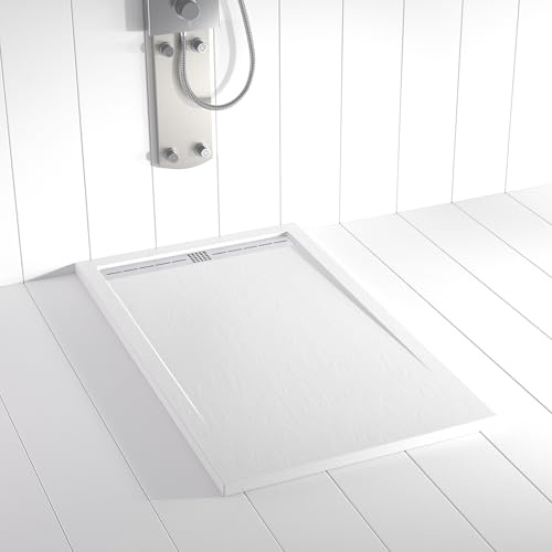 Plato de ducha resina FLOW desagüe lineal frontal color Blanco 140x80 textura pizarra antideslizante rejilla inox con válvula