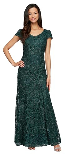 Alex Evenings Women's Long Rosette Mother of The Bride Dress with Short Sleeves, Wedding Guest, Hunter Green - Corded Lace, 6P