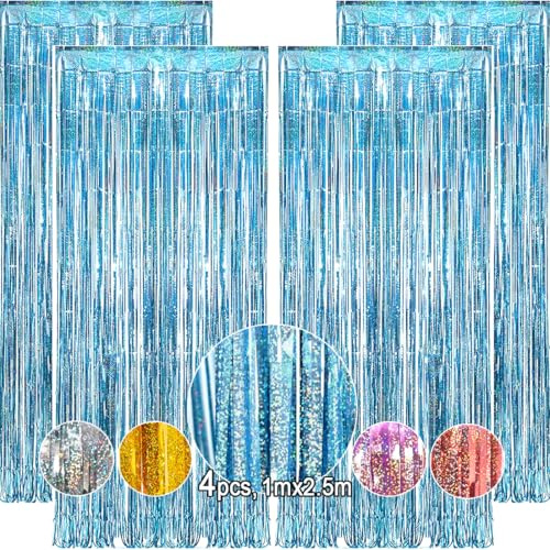 OEMG Lametta Glitzervorhang Hellblau, Metallic Lametta Vorhang Blau, Funkeln folienfransen Vorhängen Dekoration für Geburtstagsfeier Hochzeitsfoto Hintergrund Baby Shower Party (4 Stück, 1x2.5m)