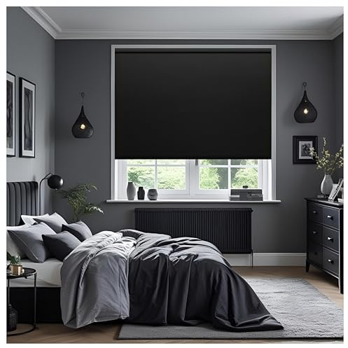 Thermal Insulated Blackout Fabric Roller Blinds, Easy Fit Room Darkening Shades Fittings Included Black (Width 180cm x Length 165cm, Thermal Blackout, Black) (BK004)