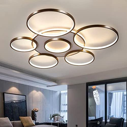 LED Deckenleuchte Dimmbar Wohnzimmerlampe Mit Fernbedienung Modern Runde Deckenlampe 7 Ringe Acryl Schirm Einstellbar Lichtfarbe Helligkeit Schlafzimmer Restaurant Esszimmer Kronleuchter,Braun,110cm