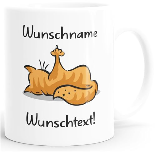 MoonWorks® Kaffee-Tasse mit Namen Wunschtext Katze Mittelfinger F~ck Dich Kein Bock Bürotasse lustige Kaffeebecher Uni-weiss Keramik-Tasse