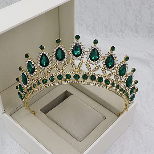 FAMoUsGoods Handmade Teal Pink Crystal Crowns Diadem Rhinestone Birthday Tiara Headband For Wedding Bridal Hair Accessories Wedding Headban (Metal color : Gold Green)