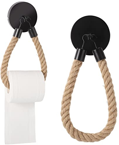 1 Pcs Porte Papier Toilette Mural Corde, Support Porte Rouleau Papier Toilette, Derouleur Papier Toilette Murale Bois Vintage en Métal et Corde de Chanvre (Noir)