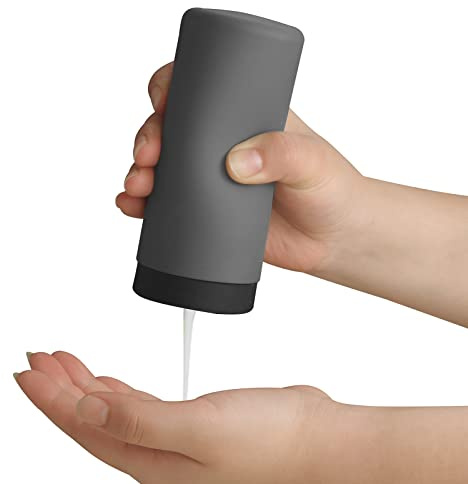 ElmRidge Dish Soap Silicone Dispenser for Kitchen Sink,Squeeze Washing Up Liquid and Hand Soap,Round refillable Silicone Bottles,Easy to Fill and to use, 8.5 oz,Black 2.4 x 2.4 x 5.5 inches (Gray)