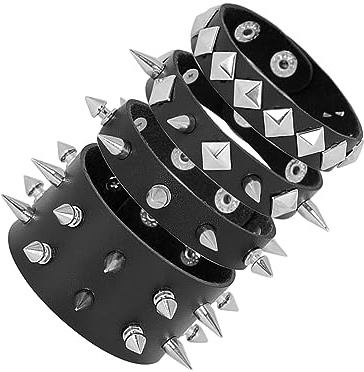 Manfnee 4Pcs Punk Rock Bracelet Large Rivets Clous Manchette Cuir PU Homme Femme Accessoire Motard