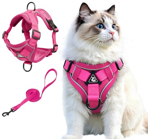 Cat Harness and Leash Set Weste Geschirr Leinen Set für kleine Hunde Große Katzen, Katzen Geschirr Ausbruchsicher, Verstellbare Jacke mit Leine für Dicke Katzen,Netzmantel Reflektorstreifen, XL Rosa