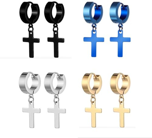 4 Pares Pendientes Cruz,Pendientes Cruz Hombre,Pendientes Cruz de Acero Inoxidable, Pendientes Magnéticos, Magnéticos de Acero Inoxidable Pendientes para Mujeres, Hombres,Unisex, Fiestas de Cumpleaños