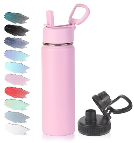 Volhoply Borraccia termica per bambini, in acciaio inox, con coperchio con cannuccia, a bocca larga, a doppia parete, con manico, riutilizzabile, con incisione laser, da 590 ml, borraccia da viaggio