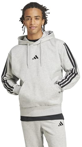 adidas Homme Essential Three Stripes Fleece Hoodie Sweatshirt, Medium Grey Heather/Black, S