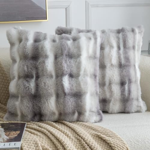 Madizz 2er Set Sanft Plüsch Kurze Wolle Samt Dekorativ Zierkissenbezüge Luxus Stil Kissenbezug für Sofa für Schlafzimmer Weiß Grau 50x50 cm