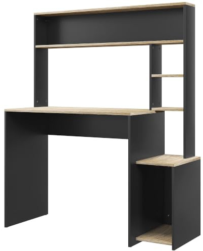 HOMCOM Scrivania per Ufficio e Studio con 3 Ripiani, Scrivania in Legno con Supporto per CPU, 114x45x138cm, Grigio e Legno Naturale