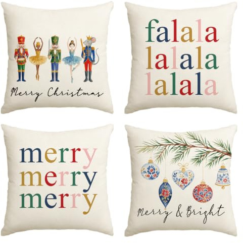 Artoid Mode Nussknacker Falala Frohe Weihnachten Kissenbezüge 4er Set, 45x45 cm Merry Christmas Xmas Zierkissenbezug Cushion Cover Couch Deko