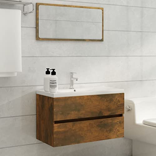 Iiaky Meuble lavabo avec Bassin intégré Chêne fumé Bois d'ingénierie,Vasque À Poser Salle De Bain,Lavabo Salle De Bain