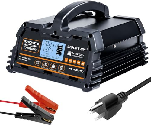 EFFORTWAY Chargeur de batterie intelligent 20 A 12 V/24 V pour voiture, camion, moto, tondeuse à gazon