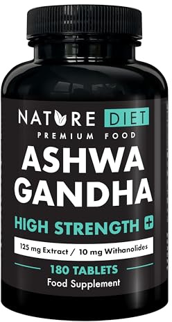 Ashwagandha High Strength PLUS | 125 mg d’extrait de racine avec 10 mg de withanolides | 180 comprimés véganes | Cure de 6 mois | Soutient la gestion du stress et le sommeil | par Nature Diet