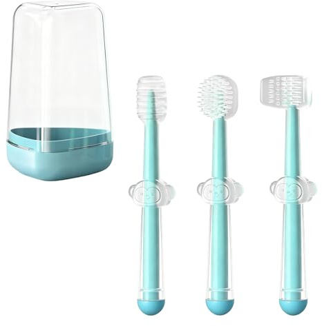 ORAGKE Cepillo Dientes Bebe sin BPA, Kit de Cuidado Bucal 3 en 1 para Bebés (0-24 Meses), Cepillo de Dientes Bebe con Estuche, Silicona Grado Alimentario, Diseño Antiahogo, Suave y Seguro (Menta)