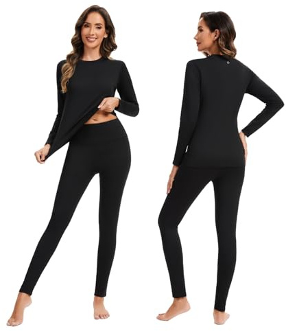 AMZSPORT Ropa Interior Térmica para Mujer - Conjunto de Invierno con Camiseta de Larga Manga y Pantalones, Funcional y Transpirable para Esquí Negro XXL