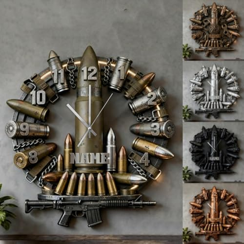 Personalisierte 2D-Flachdruck-Pistolen-Patronen-Uhr für Schlafzimmer, Wohnzimmer, Club, Küche, Männerhöhle, individueller Name, Jagdausrüstung, Patronen-Themen-Uhr, Pistolen-Wandkunst, Schild