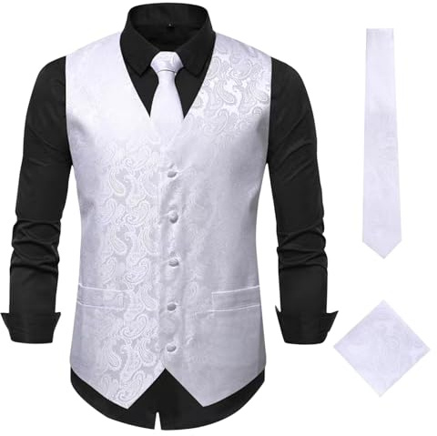 Juego de 3 piezas de chaleco de cachemira para hombre, sin mangas, ajustado, formal, con bolsillos, para boda, esmoquin, Chalecos blancos para hombre, S
