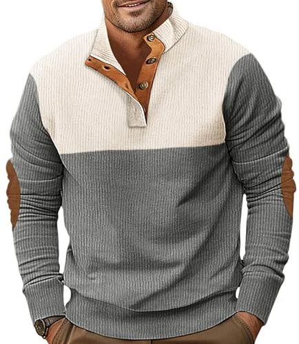 PRIVIMIX Cord tröja herr sweatshirt lätt långärmad Henley t-shirt tröja med knappslå M-3XL, GRÅ, 3XL