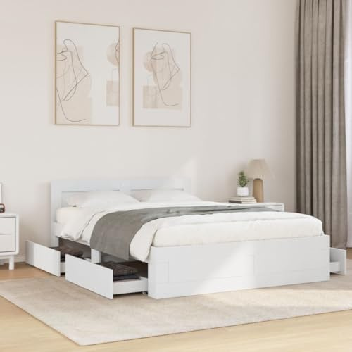 Emmtore Bettgestell, Bett mit Kopfteil, Bettrahmen mit Lattenrost, Doppelbett Schlafzimmerbett mit Stauraum,Holzwerkstoff Weiß,120 x 200 cm