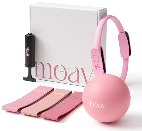 MOAV Premium Pilates Essentials Kit - 14 Ring with Cushioned Handles, Mini Ball with Pump, & 3 Durable Fabric Resistance Bands for Full Body Home Workouts (Rosè)