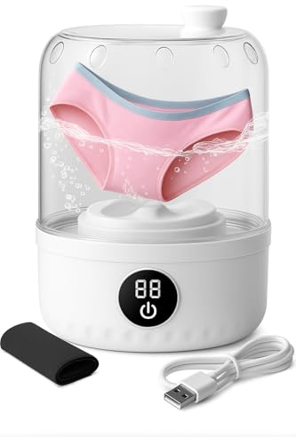 Portable Mini Washing Machine 1L, Wireless Rechargeable Washer with Digital LED Display, Compact Laundry Cleaner for Travel, Dorm & Small Items, Waterproof Design – White