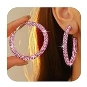 Pink Rhinestone Hoop Earrings for Women Trendy Sparkly Large/Big Hoop Earrings for Women Fashion Glitter Hoops Earing Wedding Prom Formal Accessories Jewelry Gifts