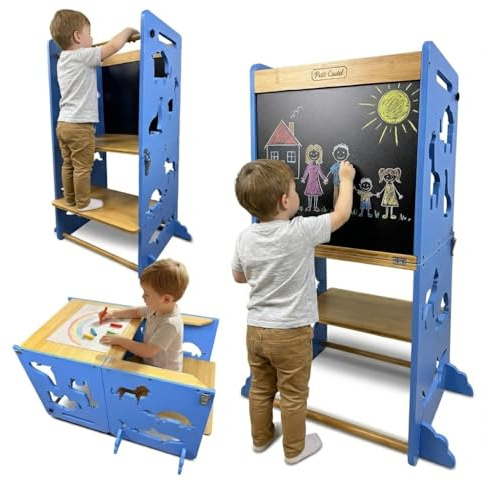 Montessori - Torre di apprendimento 3 in 1 per bambini, realizzata in bambù, convertibile in scrivania con lavagna, sicura ed educativa, colore blu