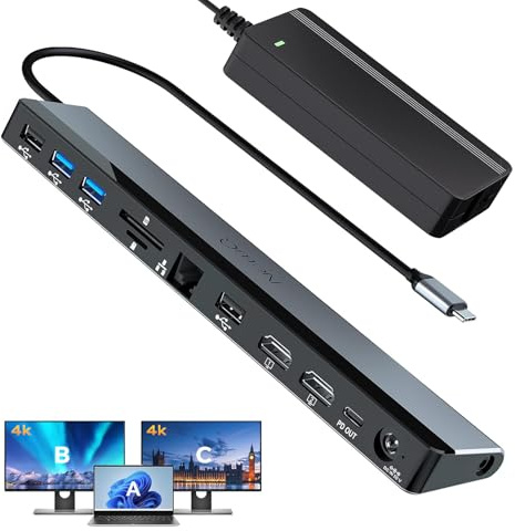 USB C Docking Station Dual Display mit 96W Netzteil, 12-in-1 USB C Hub: 2 HDMI 4K@30Hz, 4 USB, Audio, Ethernet, SD/TF, PD 96W, kompatibel mit MacBook Pro/Air, HP, Dell, Lenovo, Acer (02 Light Gray)