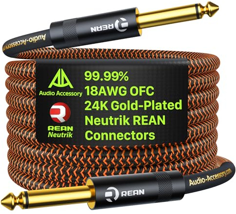 AA AUDIO ACCESSORY Câble de guitare Pro Series 1,8 m, connecteur Neutrik REAN plaqué or, 18 AWG 99,99 % OFC, câble d'instrument en nylon tressé droit vers droit de 6,35 mm pour Fender Ernie Ball
