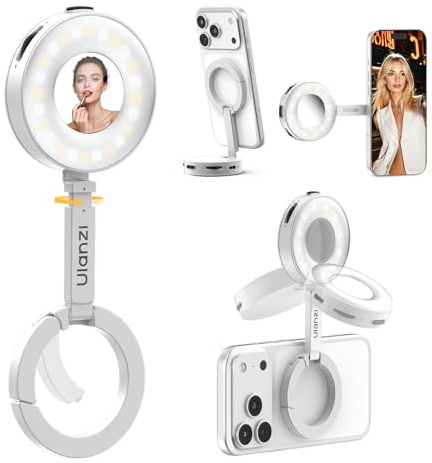 ULANZI ML05 Magnetiskt selfieljus för iPhone, dubbel magnet LED-ringljus med spegel, 9 000 K CRI≥97, vidvinkelbelysning, mobiltelefonljus perfekt för resevlogar, foto- och videoinspelningar (Vit)