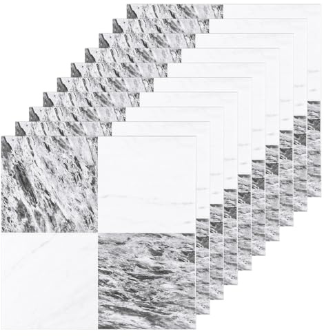 CYEER 20Pcs White and Grey Vinyl Floor Tiles Self Adhesive, 30x 30cm Peel and Stick Marble Effect Self Adhesive Floor Tiles, Waterproof Vinyl Flooring Stick On Bathroom Kitchen Living Room
